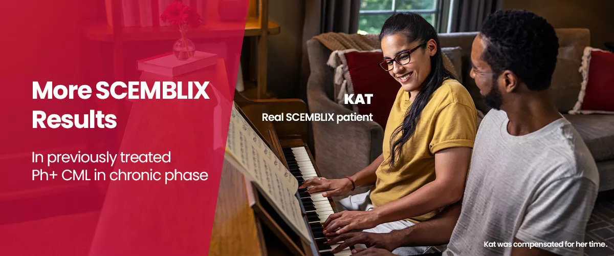 More SCEMBLIX Results in previously treated Ph+ CML in chronic phase. Kat, real SCEMBLIX patient. Kat was compensated for her time.